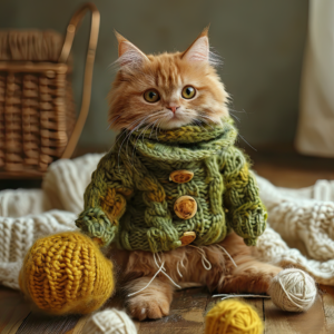 Fluffy Cat in a Cozy Sweater Surrounded by Yarn