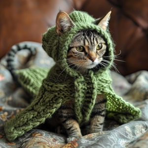 Adorable Cat Wearing Green Cardigan