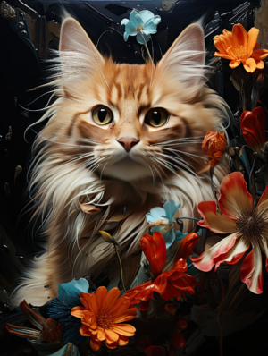 Tabby Cat Surrounded by Colorful Flowers