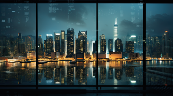 City Skyline at Night Through an Office Window