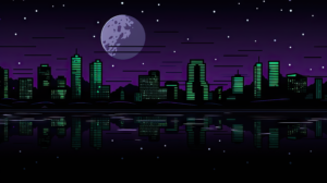 City Skyline at Night with a Full Moon