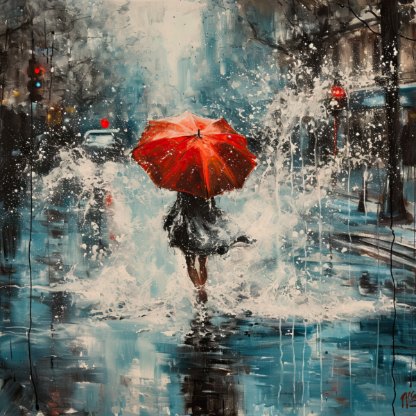 Vibrant Cityscape: Woman's Determined Walk in the Rain