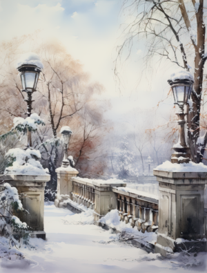 Snowy Bridge with Streetlights in Central Park