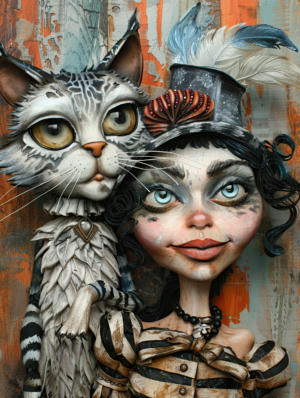 Playful and Whimsical Cat and Woman in Hat Artwork
