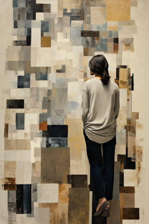 Woman Contemplating Modern Art Painting