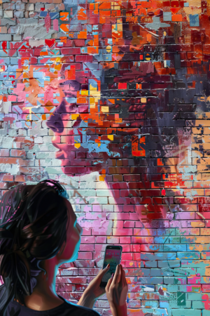 Vibrant Woman Capturing a Colorful Mural with Her Cell Phone