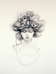 Woman with Floral Headpiece in Detailed Monochrome Drawing