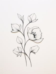 Black and White Drawing of a Flower with Leaves