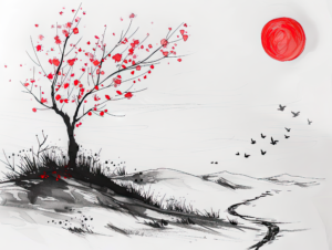 Black and White Painting of a Tree with Red Flowers and Birds Flying By