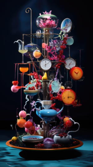 Playful Still Life: Colorful Sculpture with Clocks, Fruit, and Plates