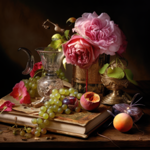 Vibrant Still Life Composition with Fruits, Flowers, and Book