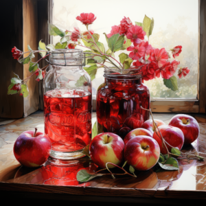 Vibrant Still Life: Apples and Flowers in Mason Jars