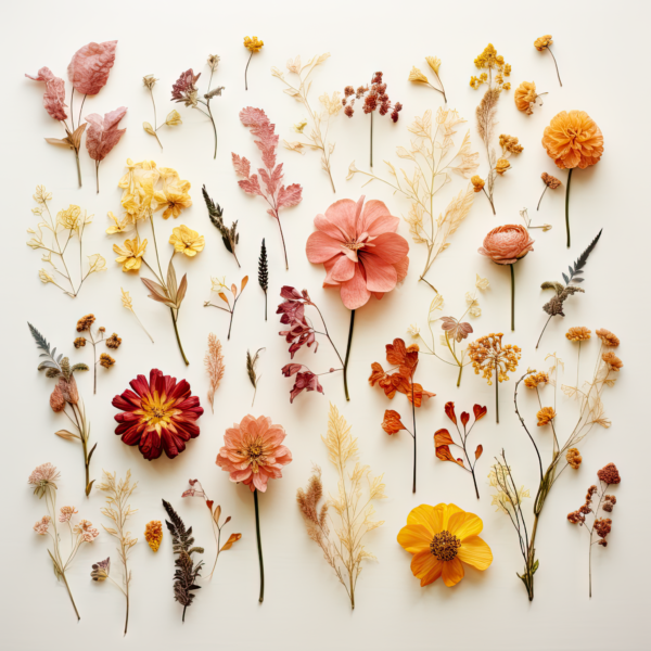 Vibrant and Colorful Collage of Pressed Flowers and Plants