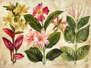 Vibrant and Colorful Painting of Flowers and Leaves