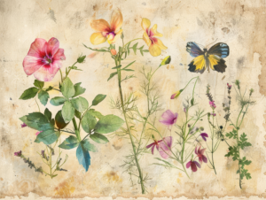 Vibrant and Serene Painting of Flowers and Butterfly