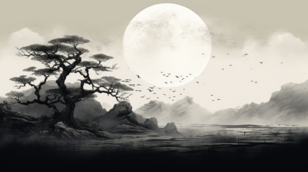 Wabi-Sabi Tranquility: A Tree Under a Full Moon